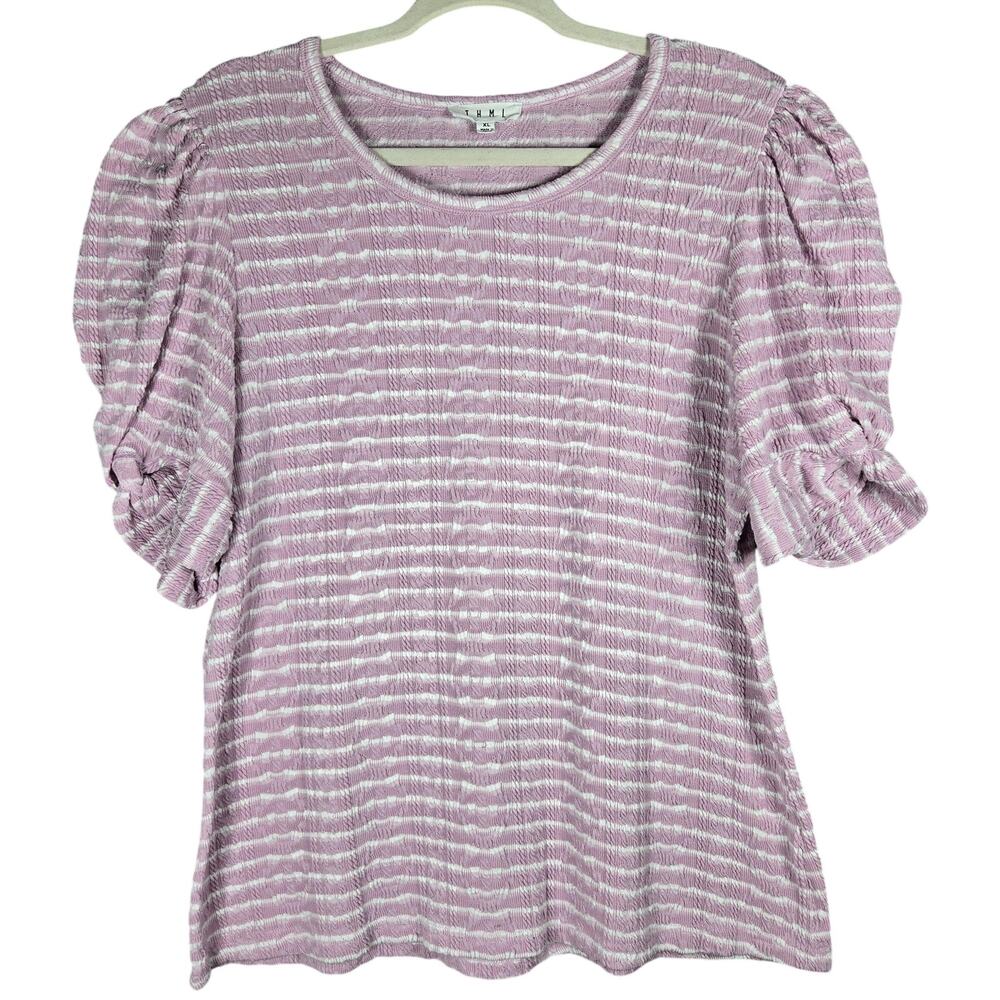 THML‎ Textured Stripe Puff Sleeve Top XL Purple Lilac Lavender Boho Casual Knit